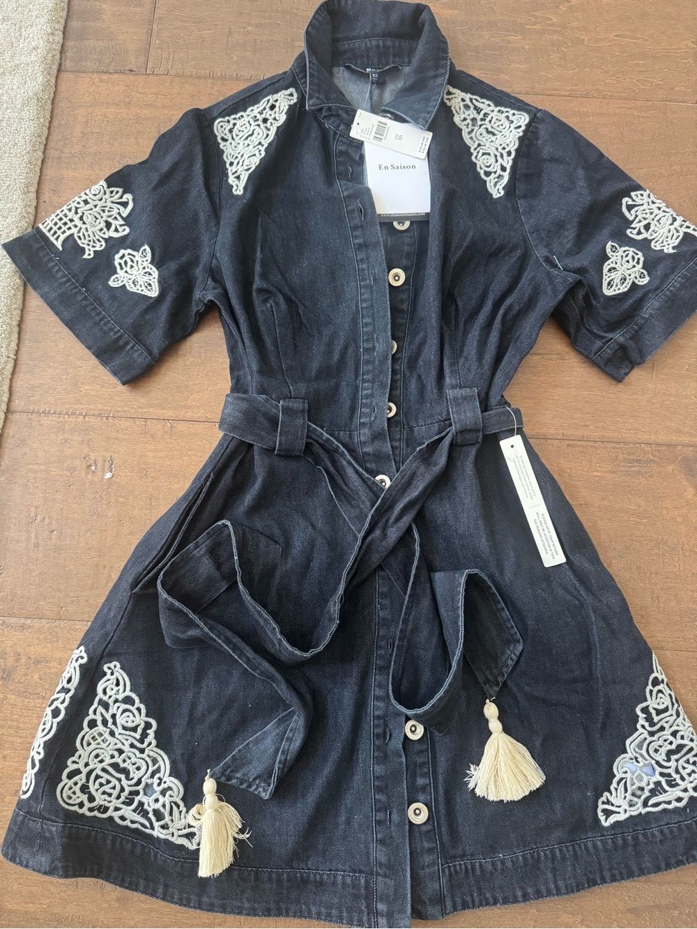 En Saison Navy Denim-Style Shirt Dress with White Embroidery & Tassel Belt